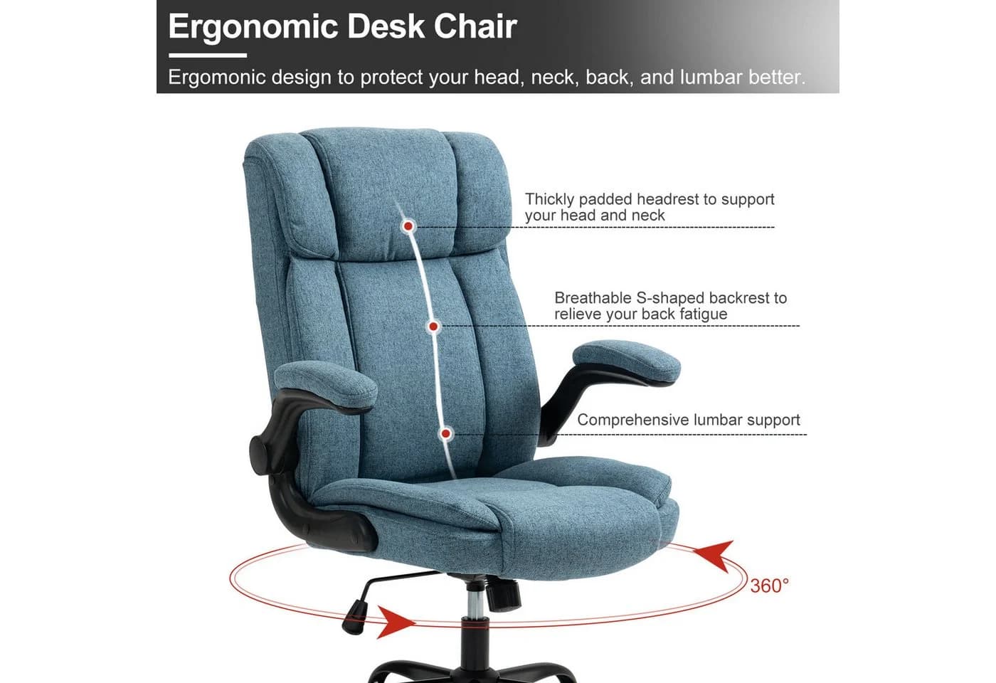 LIYURUI Bürostuhl Ergonomischer 150kg Belastbarkeit Chefsessel Stoff Flip-up Armlehnen Blau - Bild 5