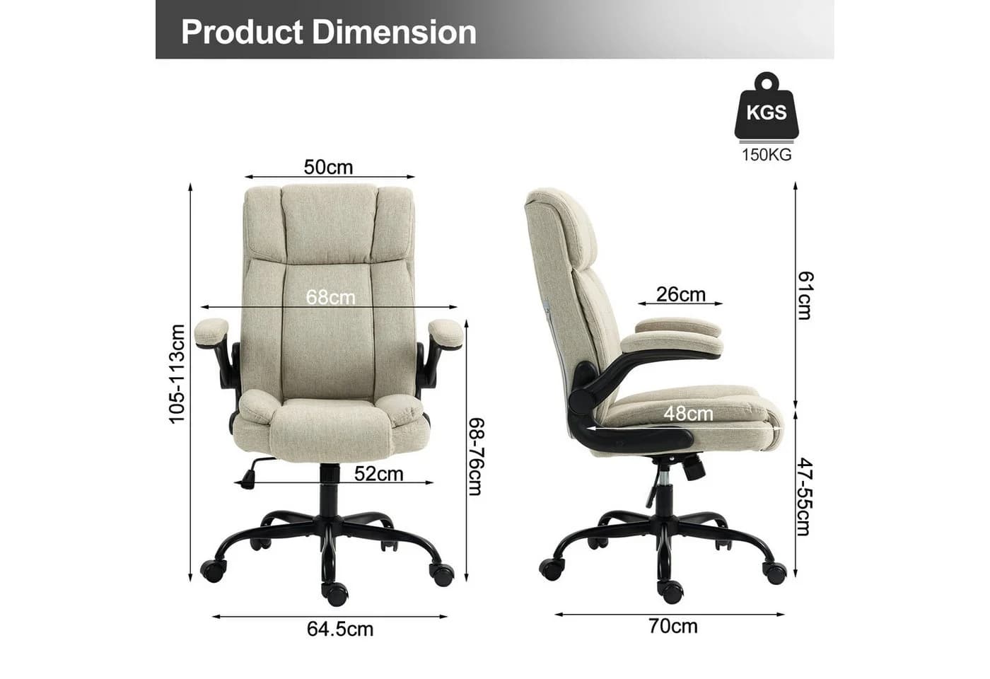 LIYURUI Bürostuhl Ergonomischer 150kg Belastbarkeit Chefsessel Beige - Bild 4