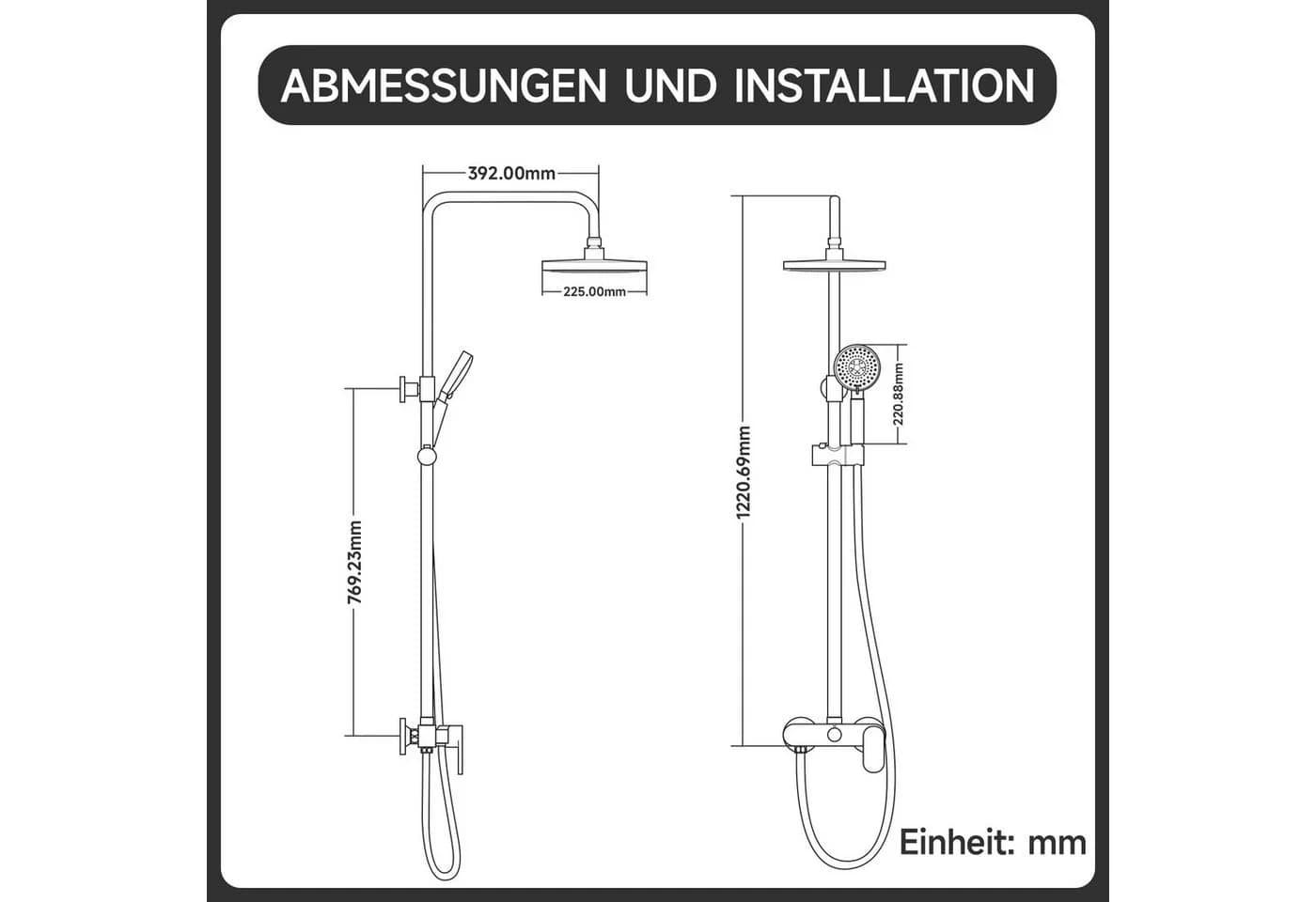 Oihpaw Duschsystem Duscharmatur mit Einhebelmischer, Höhenverstellbare Duschsäule, 3 Strahlart(en), 20 cm ABS Regendusche & Handbrause mit 3 Modi Gold