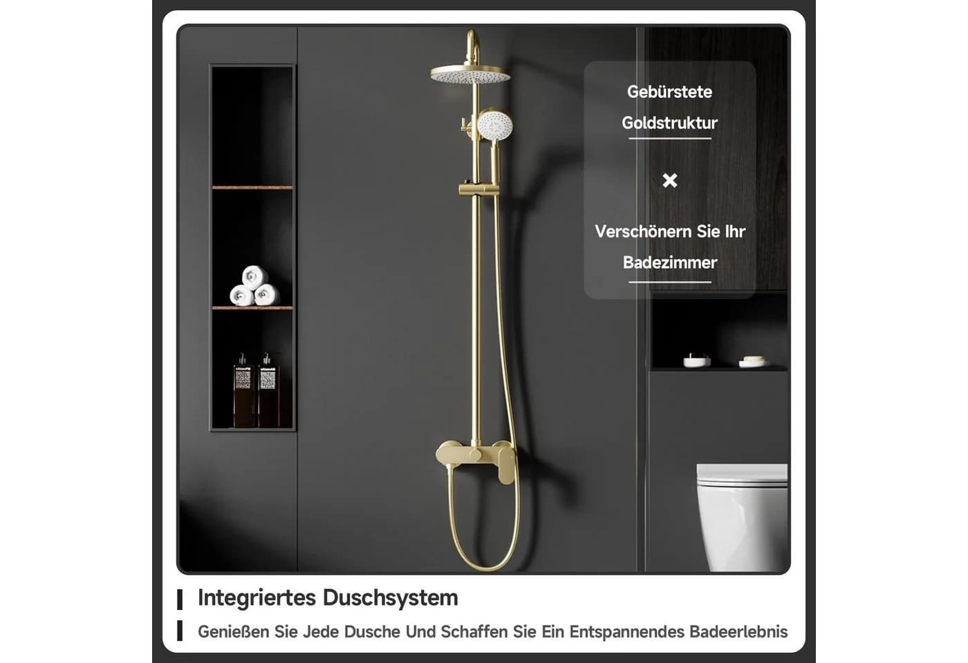 Oihpaw Duschsystem Duscharmatur mit Einhebelmischer, Höhenverstellbare Duschsäule, 3 Strahlart(en), 20 cm ABS Regendusche & Handbrause mit 3 Modi Gold - Bild 3