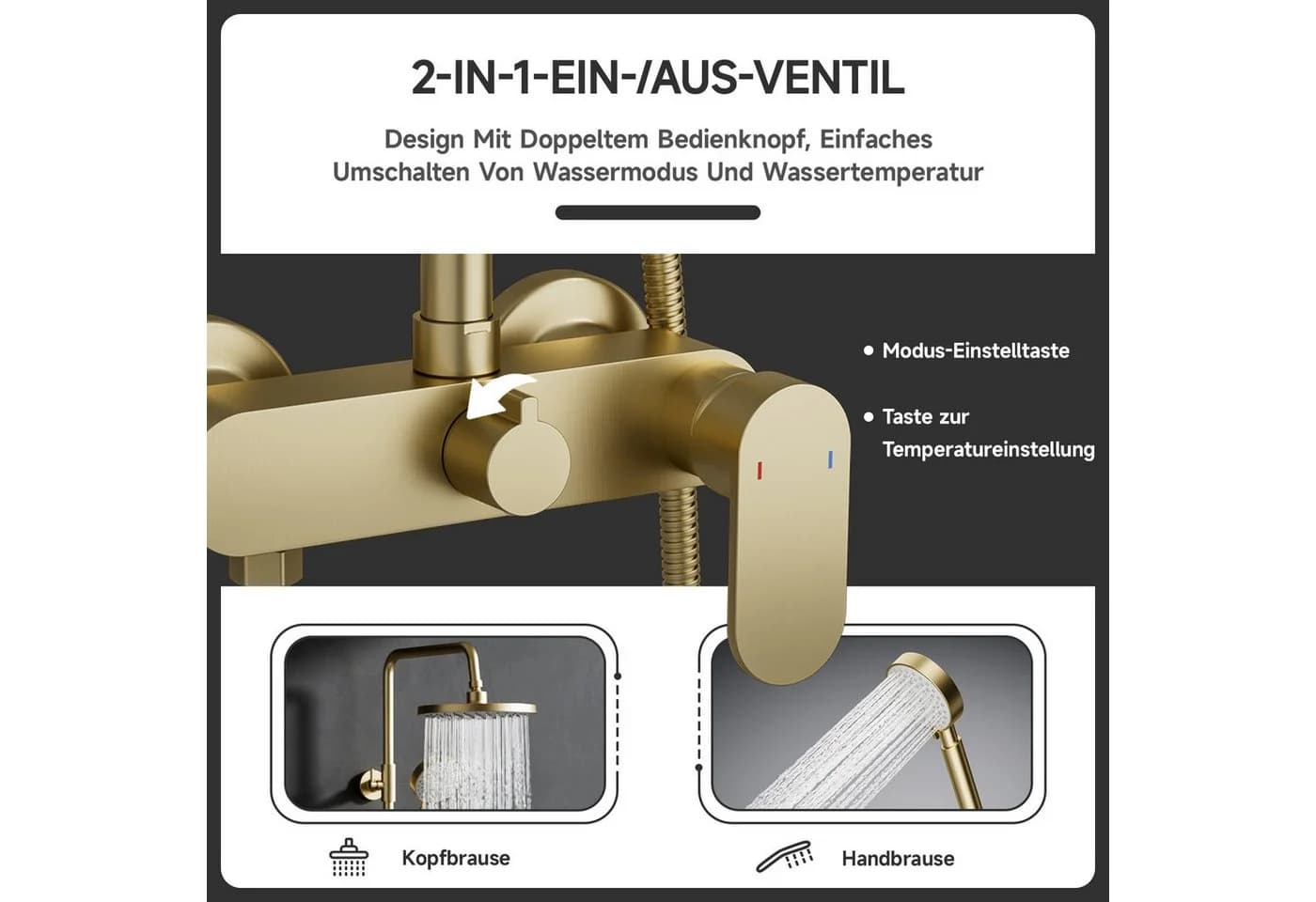 Oihpaw Duschsystem Duscharmatur mit Einhebelmischer, Höhenverstellbare Duschsäule, 3 Strahlart(en), 20 cm ABS Regendusche & Handbrause mit 3 Modi Gold - Bild 4