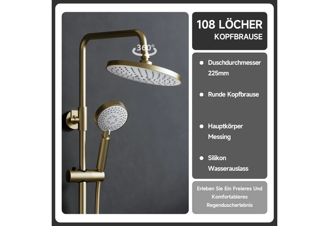 Oihpaw Duschsystem Duscharmatur mit Einhebelmischer, Höhenverstellbare Duschsäule, 3 Strahlart(en), 20 cm ABS Regendusche & Handbrause mit 3 Modi Gold - Bild 5