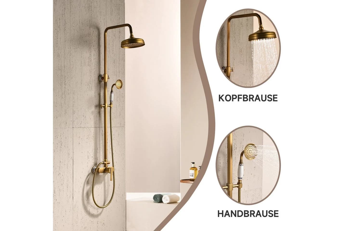 Oihpaw Duschsystem Messing Gold Kopf- und Handbrause - Bild 3