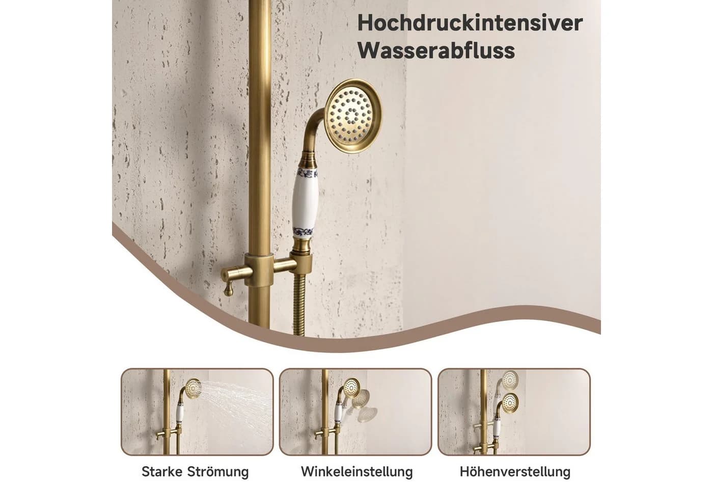 Oihpaw Duschsystem Messing Gold Kopf- und Handbrause - Bild 5