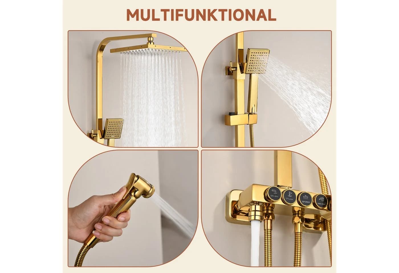 Oihpaw Multifunktionales Duschsystem in Gold: Regenduschkopf, Handbrause, Badewannenarmatur - Bild 5