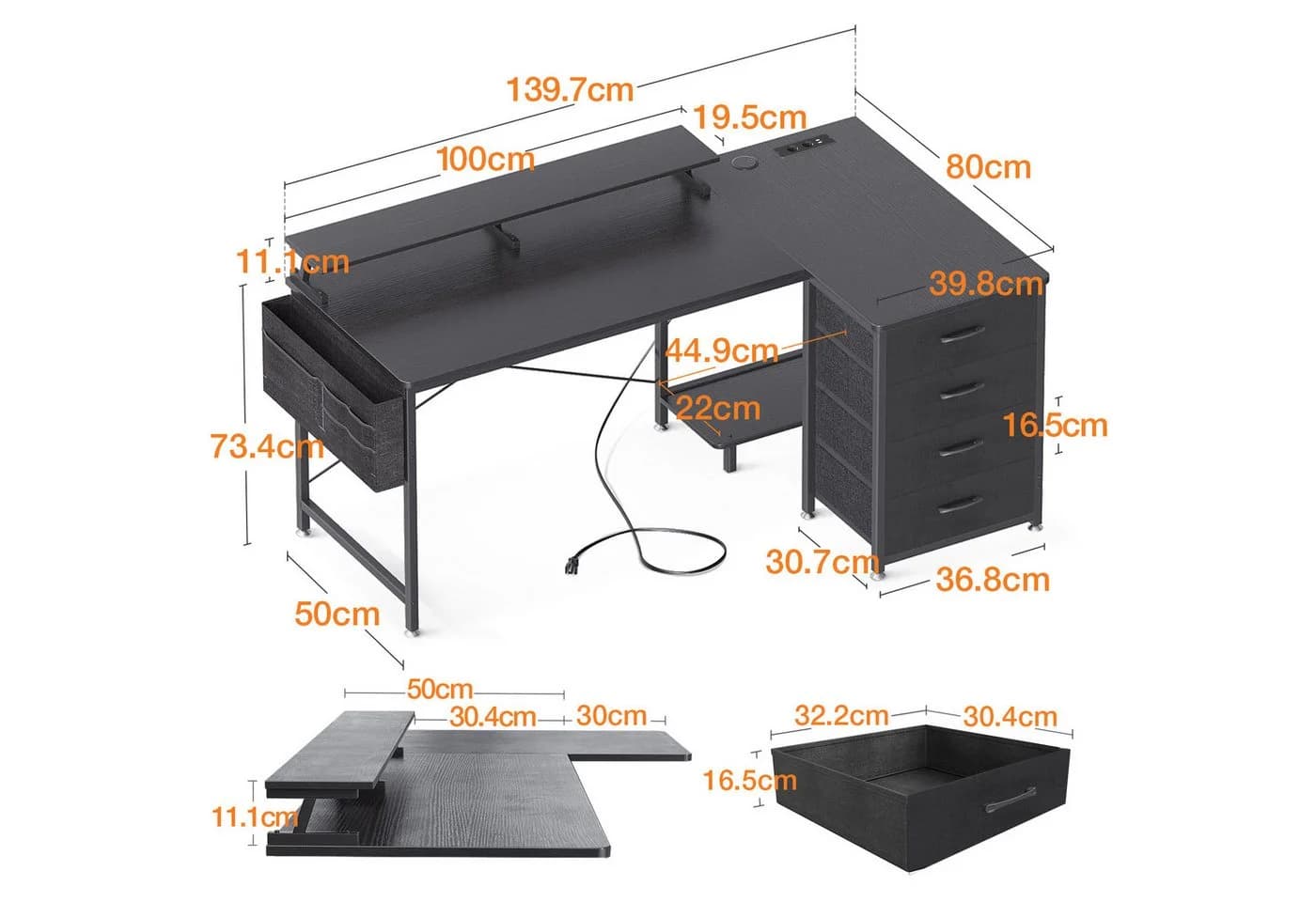 ODK Schreibtisch mit 4 Schubladen, USB-Ladeanschluss und 2 Steckdosen, 140x80x84.5cm, schwarz