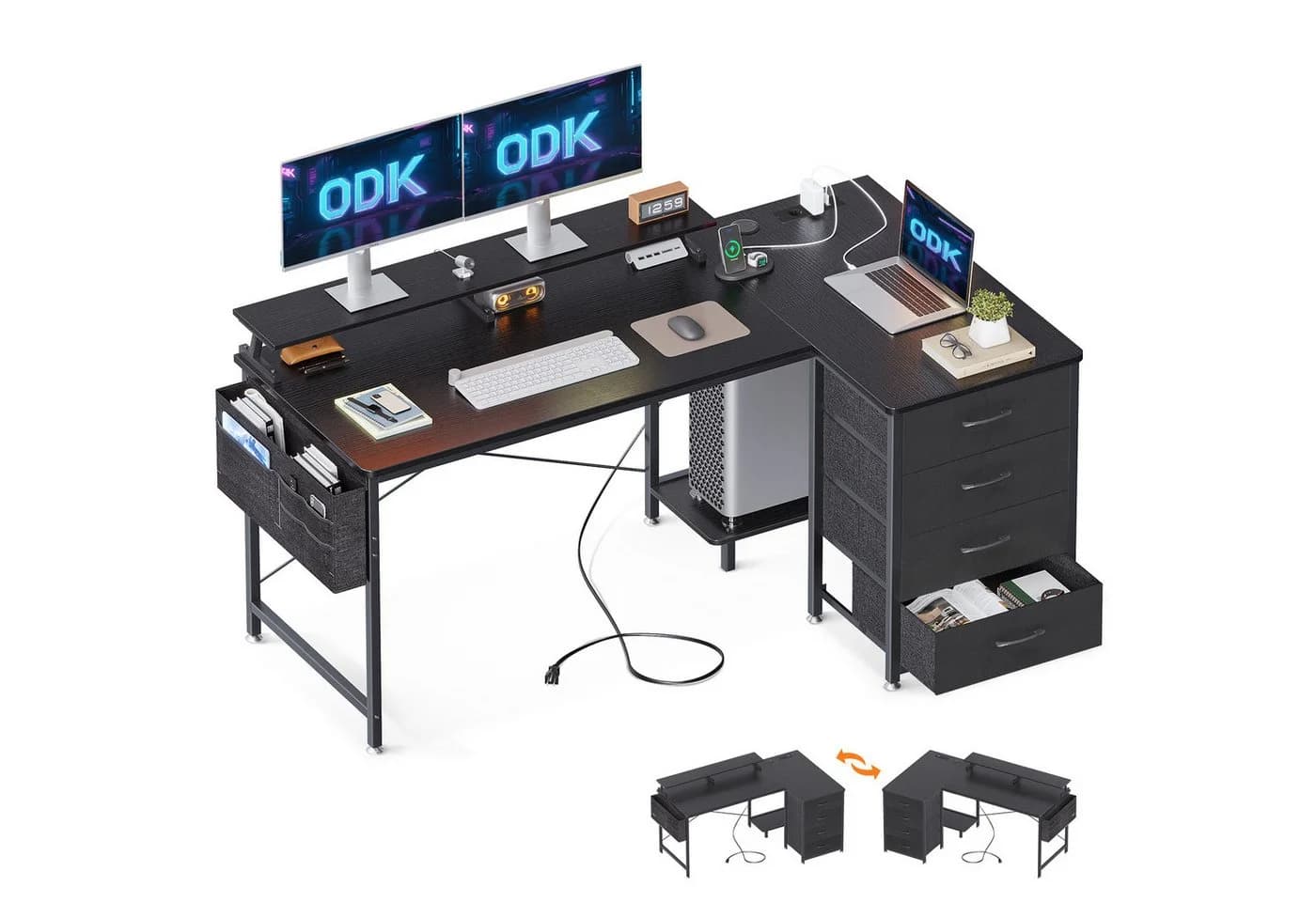 ODK Schreibtisch mit 4 Schubladen, USB-Ladeanschluss und 2 Steckdosen, 140x80x84.5cm, schwarz - Bild 2