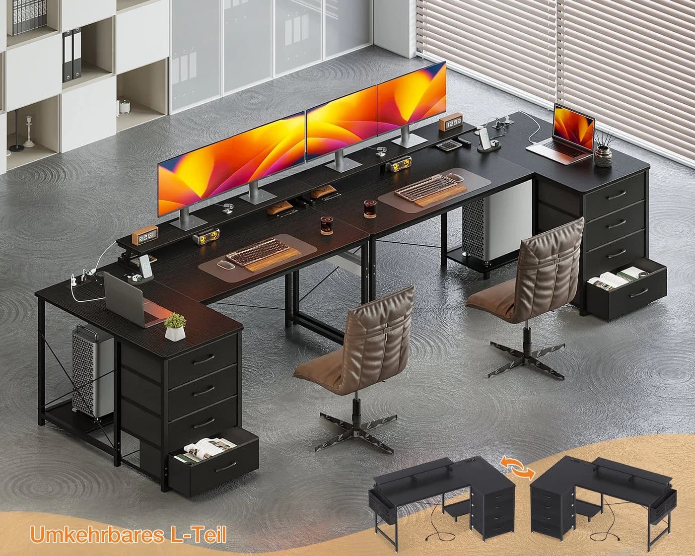 ODK Schreibtisch mit 4 Schubladen, USB-Ladeanschluss und 2 Steckdosen, 140x80x84.5cm, schwarz - Bild 3