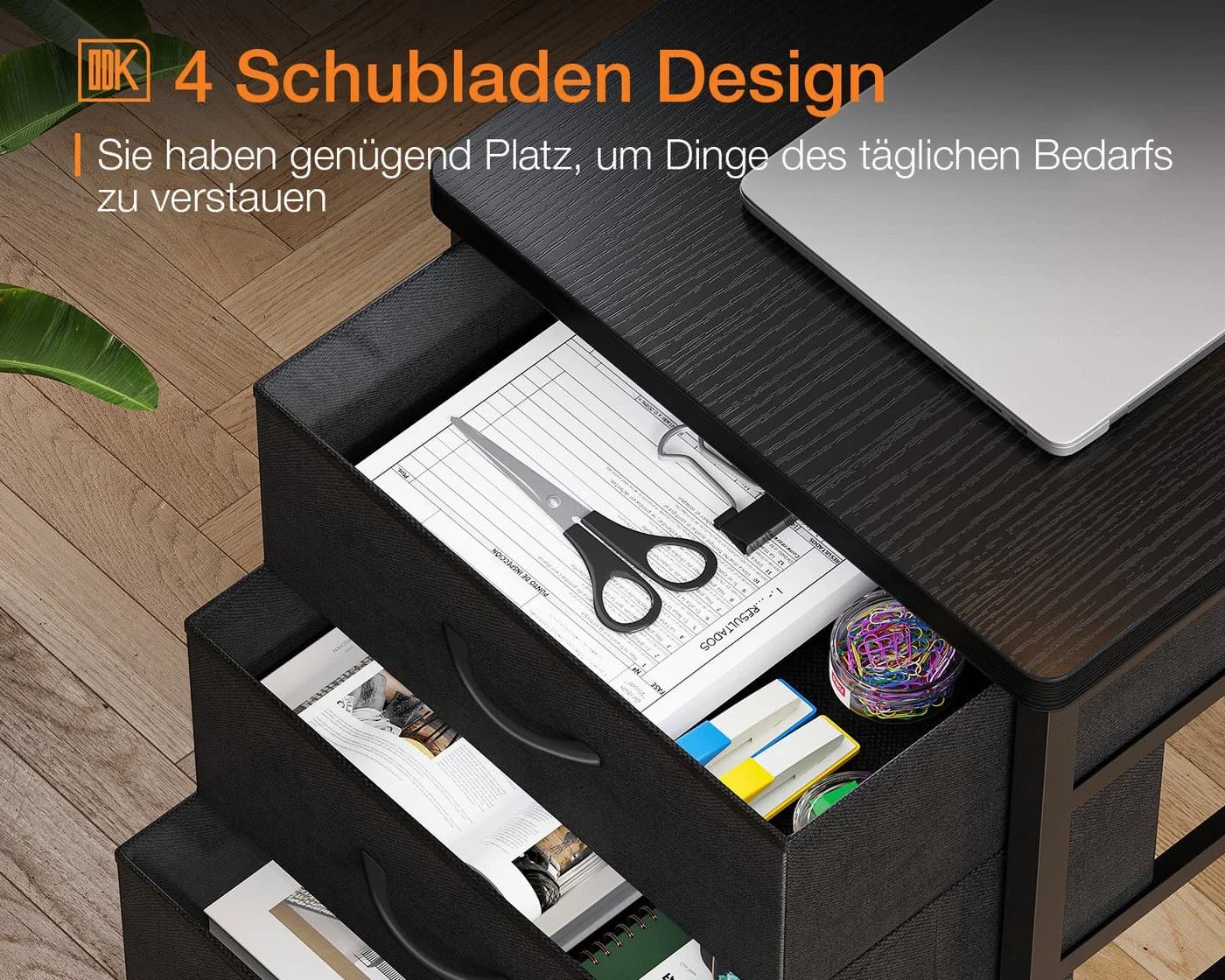 ODK Schreibtisch mit 4 Schubladen, USB-Ladeanschluss und 2 Steckdosen, 140x80x84.5cm, schwarz - Bild 5