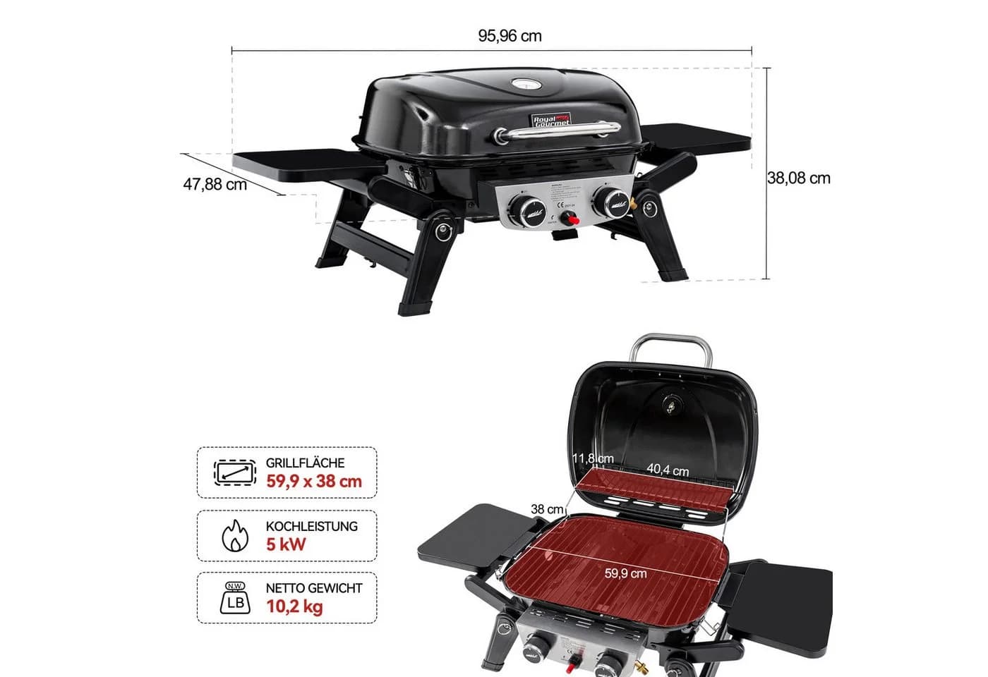 Royal Gourmet Tragbarer Gasgrill 2-Brenner Schwarz mit klappbaren Seitentischen - Bild 5
