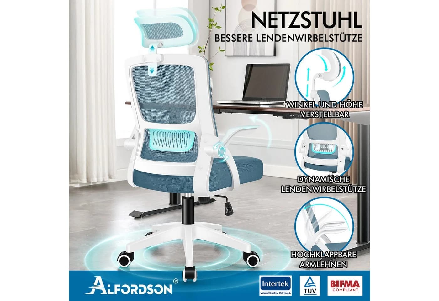 ALFORDSON Bürostuhl S-Kurven-Design Blau - Bild 3