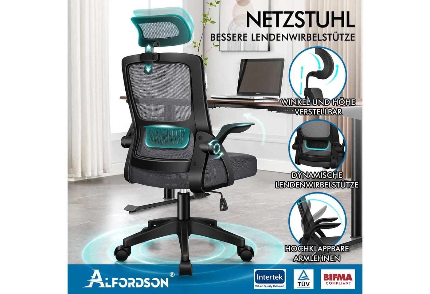 ALFORDSON Bürostuhl S-Kurven-Design 360° drehbar Grau - Bild 3