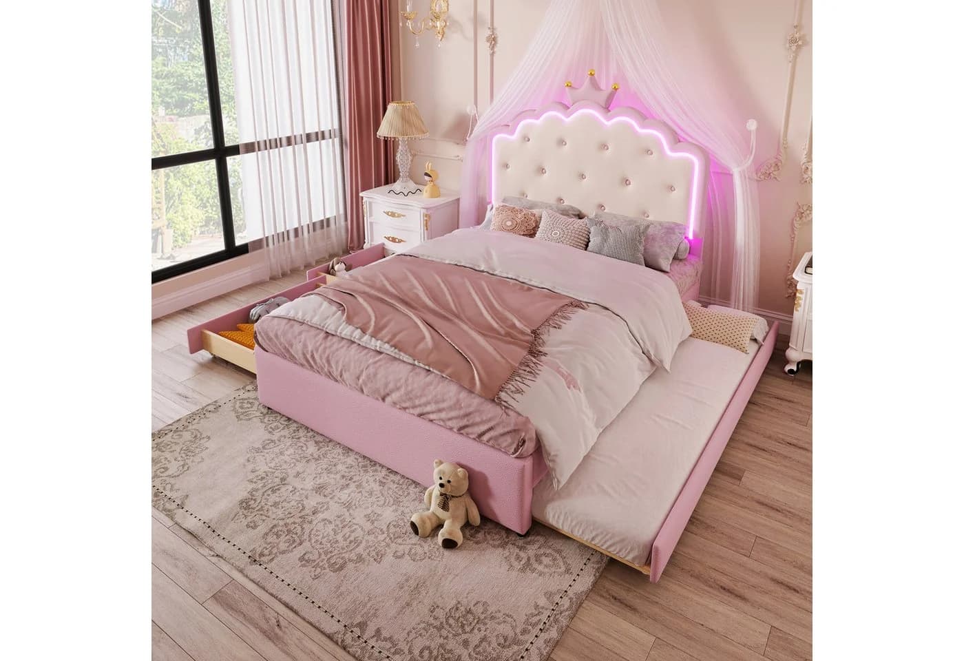 Ulife Polsterbett Jugendbett Kinderbett Kronprinzessinnen-Design 2 Schubladen LED-Umgebungslicht Ausziehbett - Bild 2