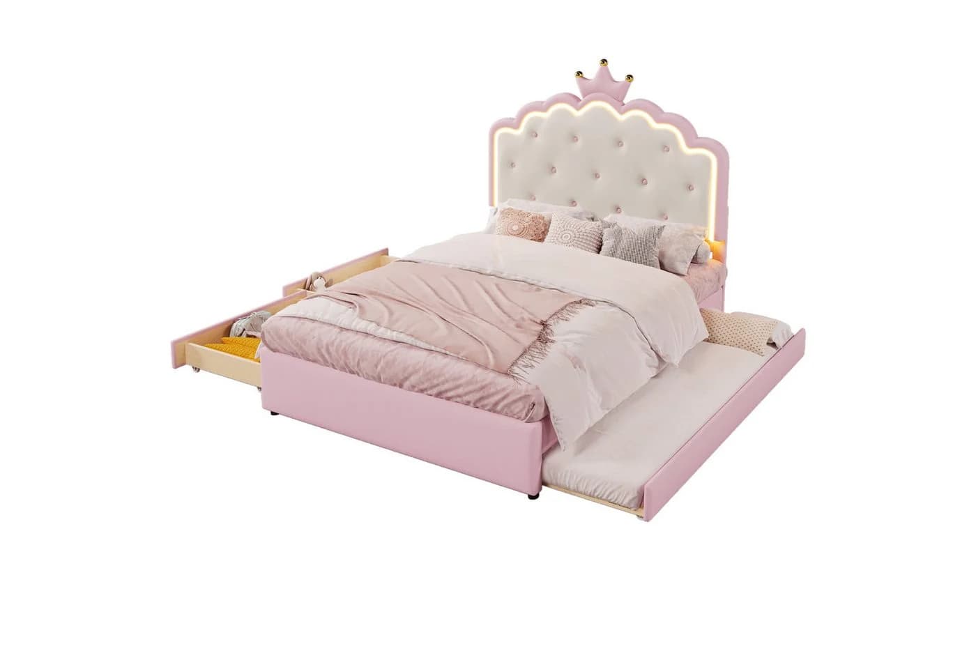 Ulife Polsterbett Jugendbett Kinderbett Kronprinzessinnen-Design 2 Schubladen LED-Umgebungslicht Ausziehbett - Bild 3