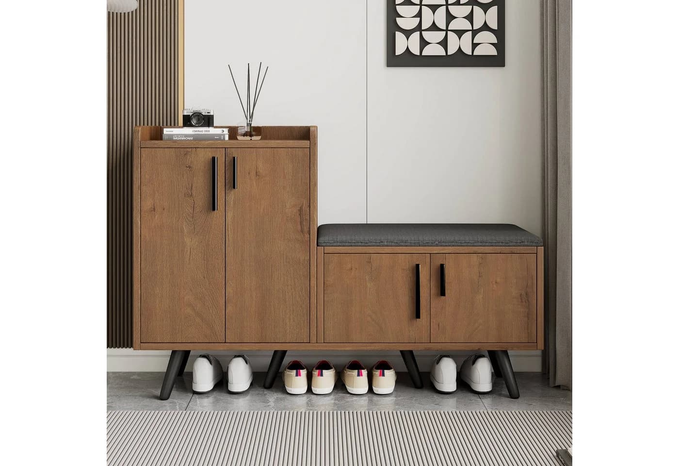 Ulife Schuhbank mit 4 Türen und Sitzbank Holzoptik Schwarz - Bild 2