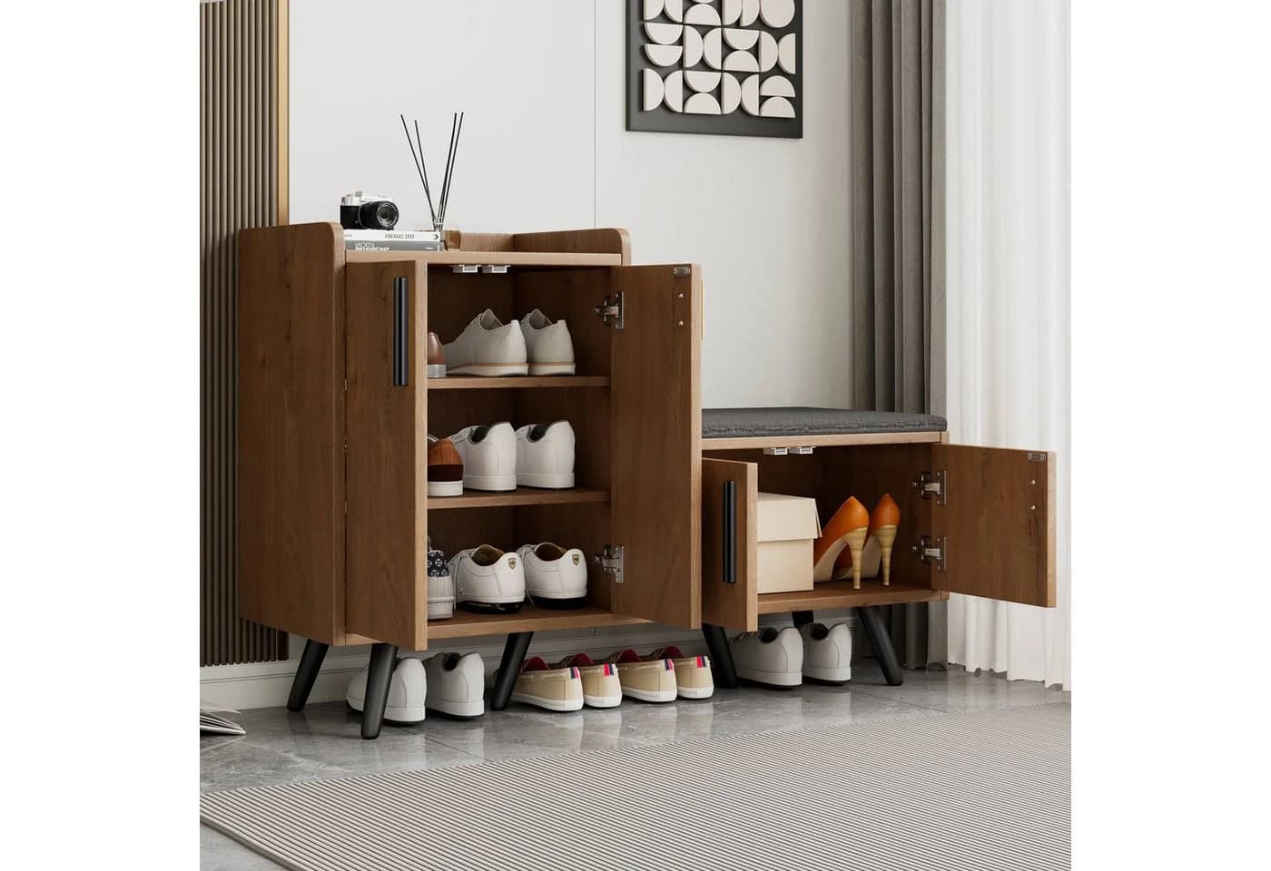 Ulife Schuhbank mit 4 Türen und Sitzbank Holzoptik Schwarz - Bild 4