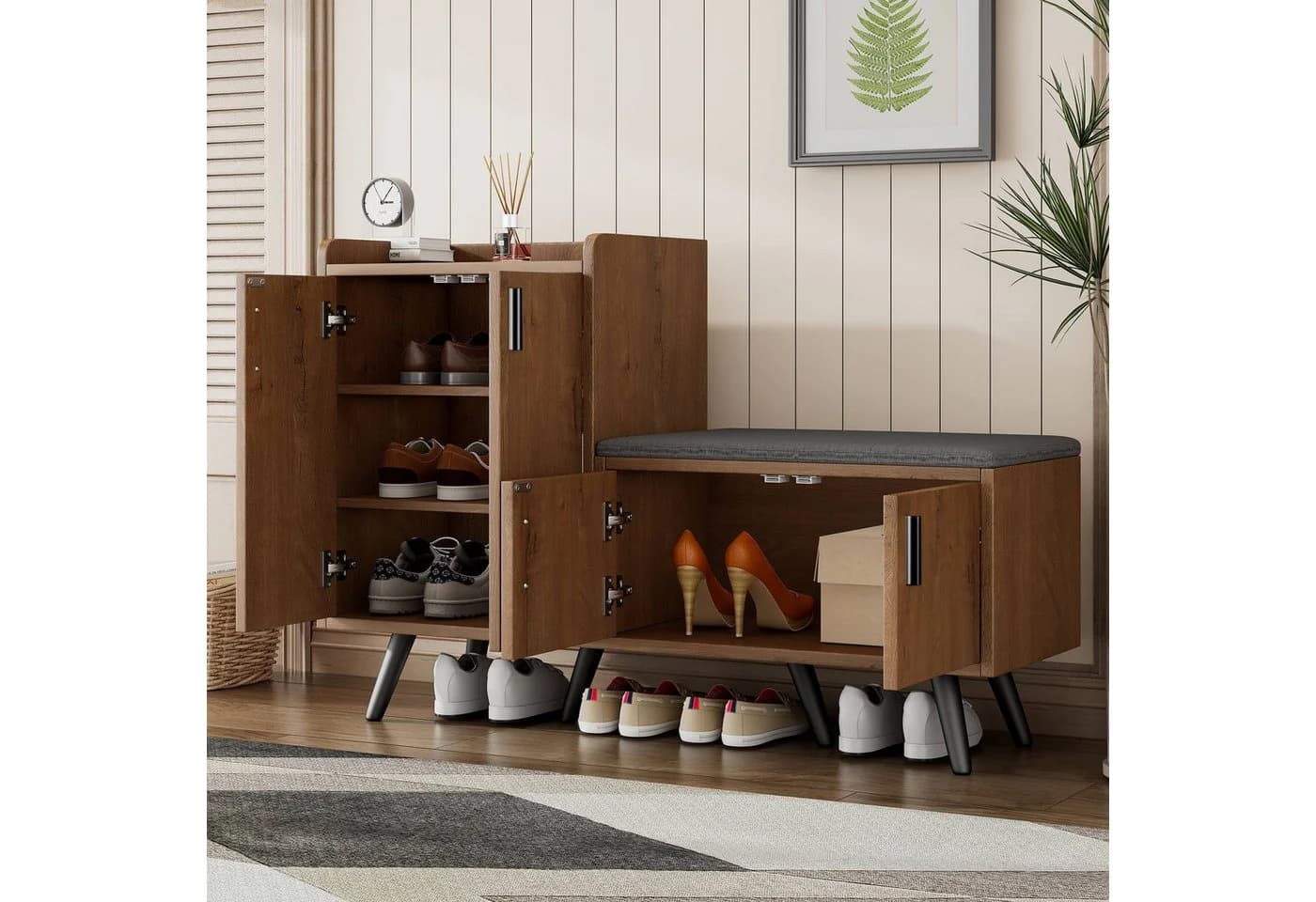 Ulife Schuhbank mit 4 Türen und Sitzbank Holzoptik Schwarz - Bild 5