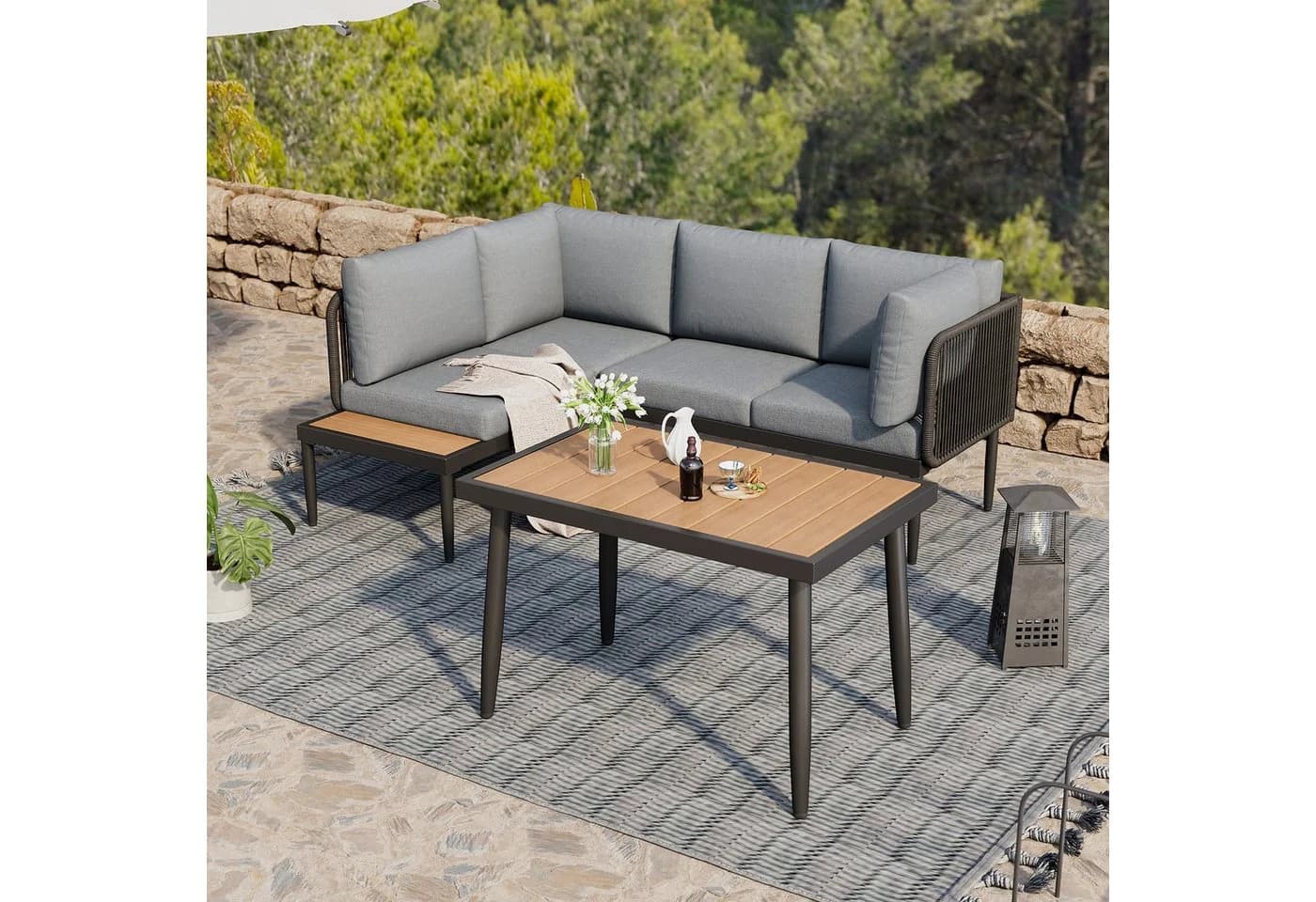 Ulife Gartenlounge-Set 3-tlg. Grau mit Ecksofa und Couchtisch - Bild 2