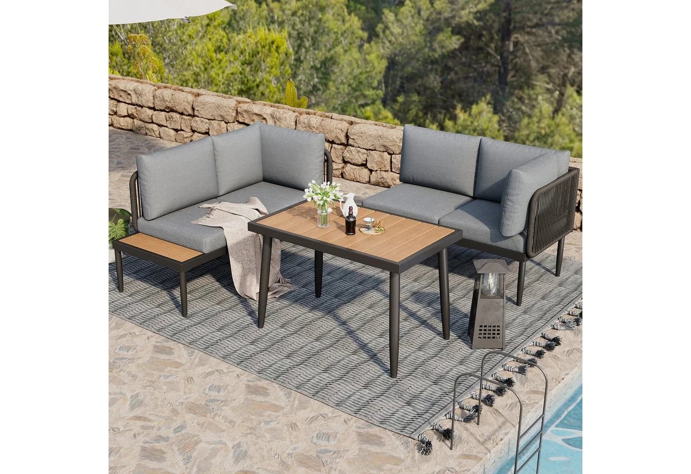 Ulife Gartenlounge-Set 3-tlg. Grau mit Ecksofa und Couchtisch - Bild 4