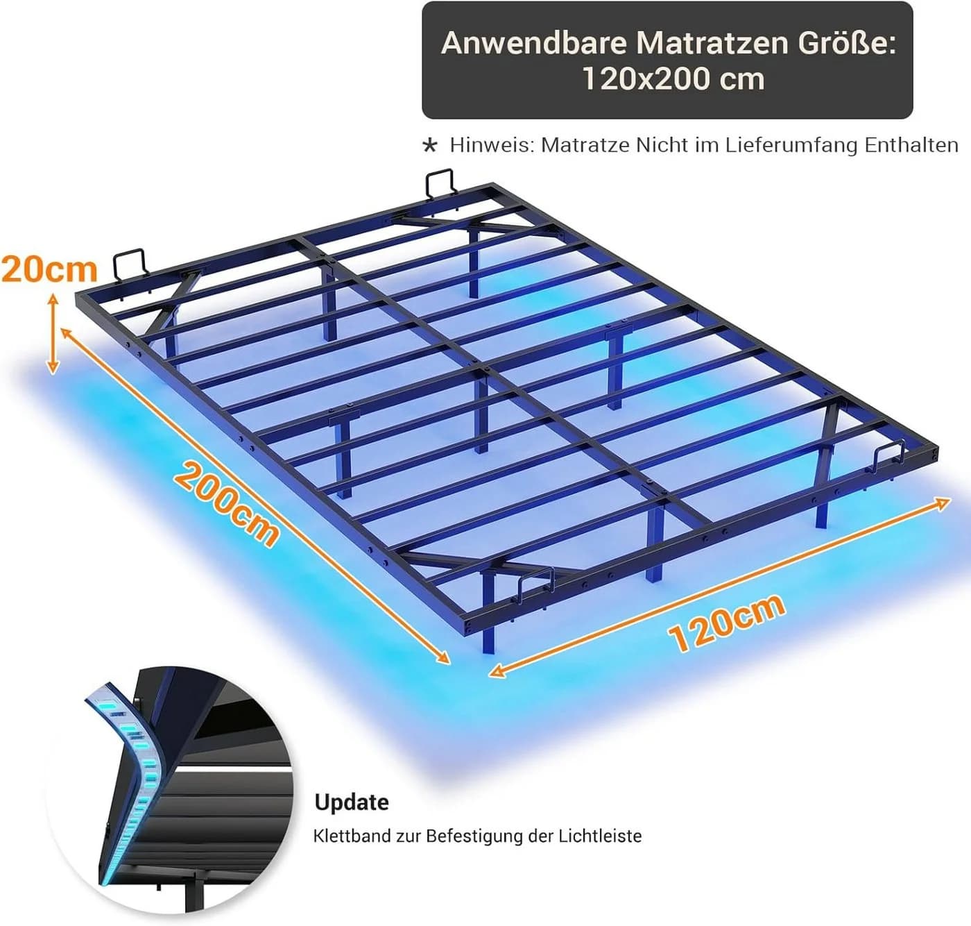 MSMASK Metallbett Schwebebett Bettgestell LED-Beleuchtung 120x200cm