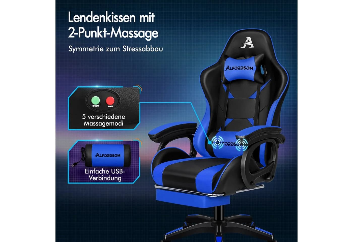 ALFORDSON Gaming-Stuhl mit Massage PU-Leder Blau/Schwarz - Bild 4