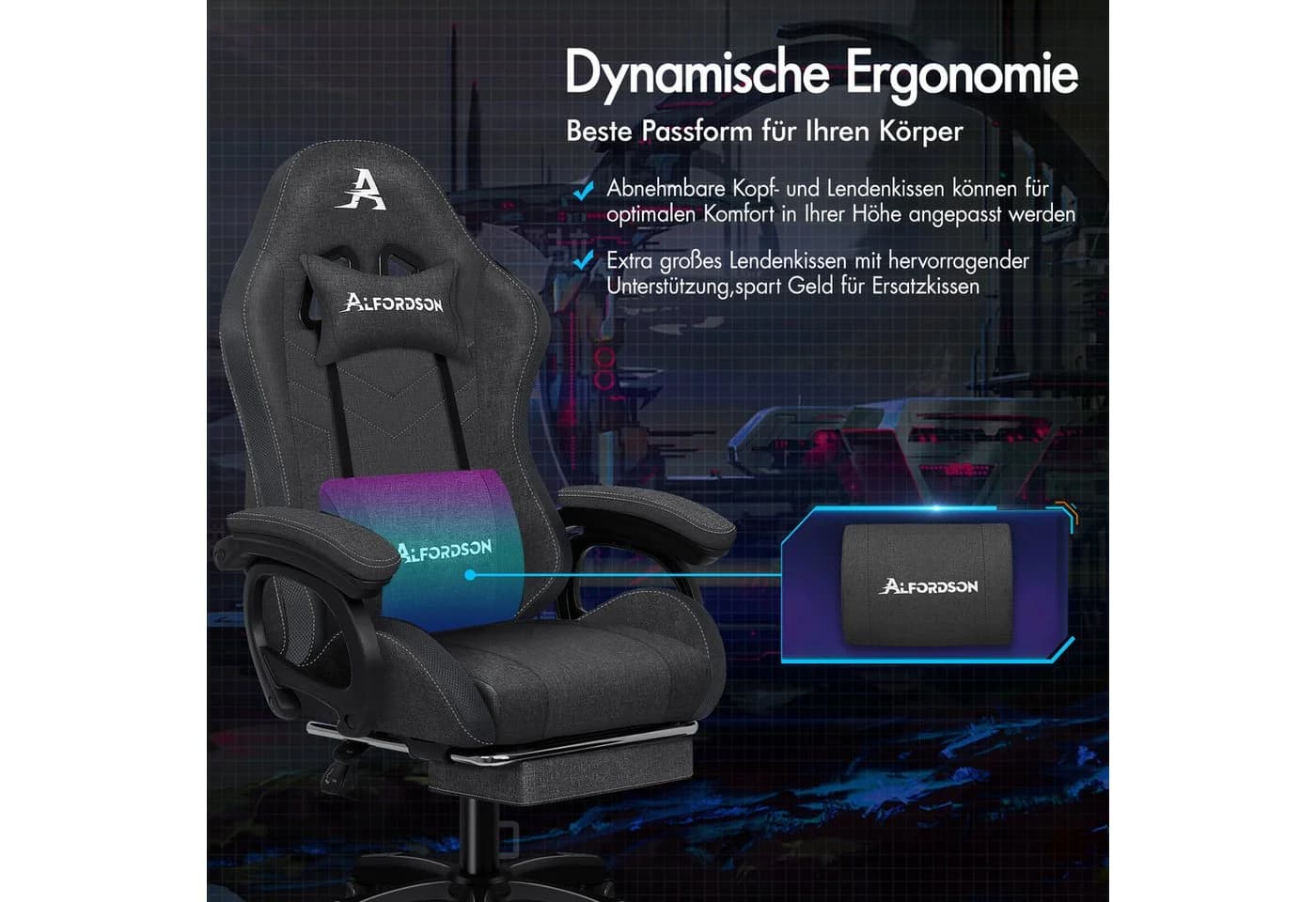 ALFORDSON Gaming-Stuhl mit 8-Punkt-Massagefunktion, RGB-Beleuchtung, Lendenwirbelstütze & Kopfstütze, Stoff, Dunkelgrau - Bild 4