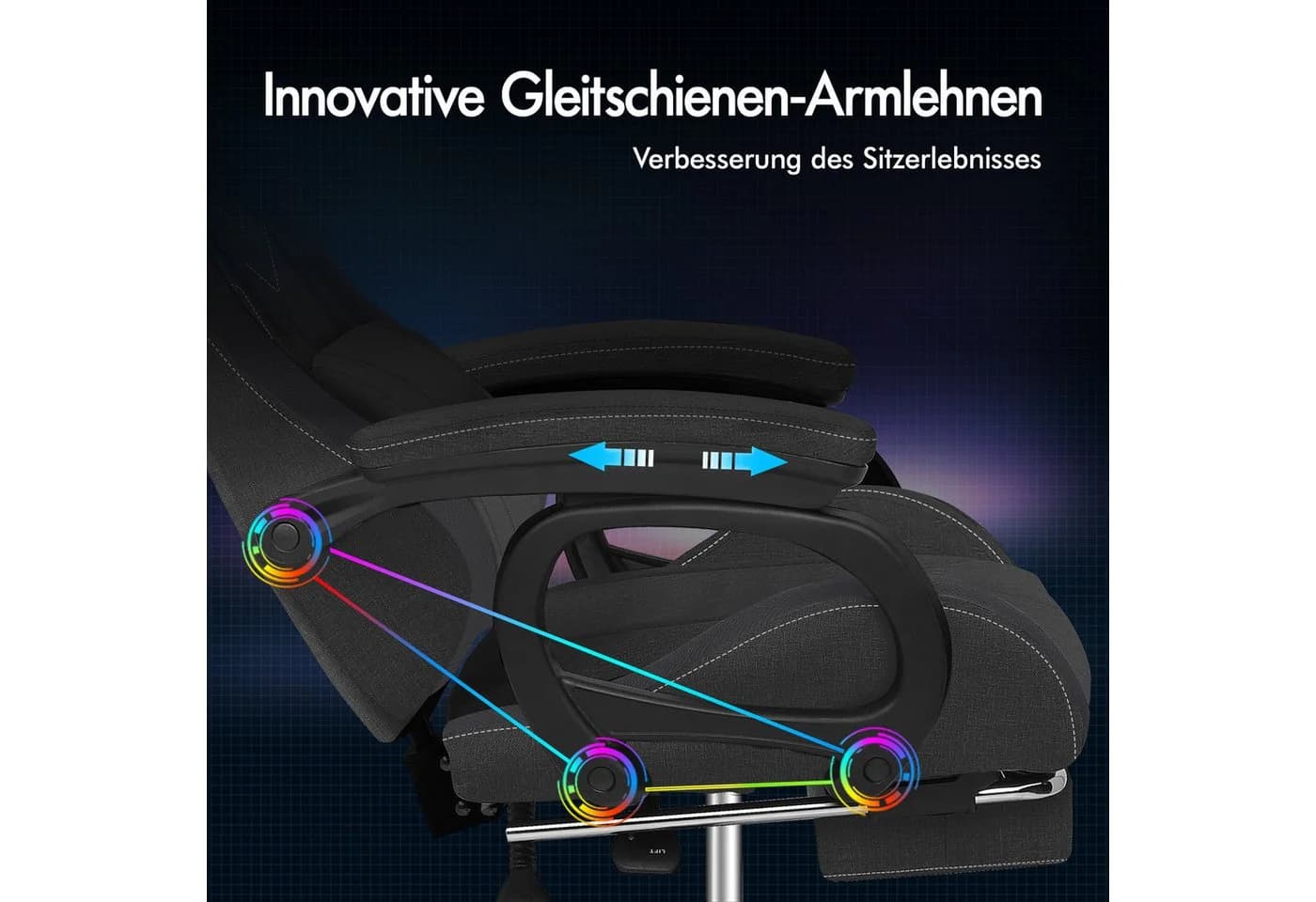 ALFORDSON Gaming-Stuhl mit 8-Punkt-Massagefunktion, RGB-Beleuchtung, Lendenwirbelstütze & Kopfstütze, Stoff, Dunkelgrau - Bild 5