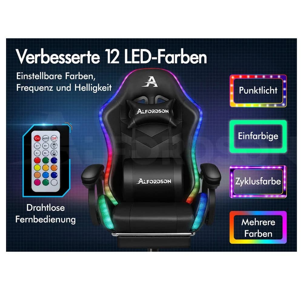 ALFORDSON Gaming-Stuhl 12 RGB LED-Farben Fernbedienung Schwarz - Bild 5