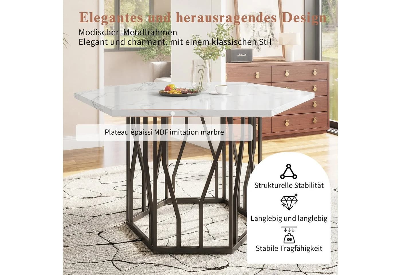 IDEASY Esstisch Marmorfurnier Schwarz 115,5 x 100 cm - Bild 3