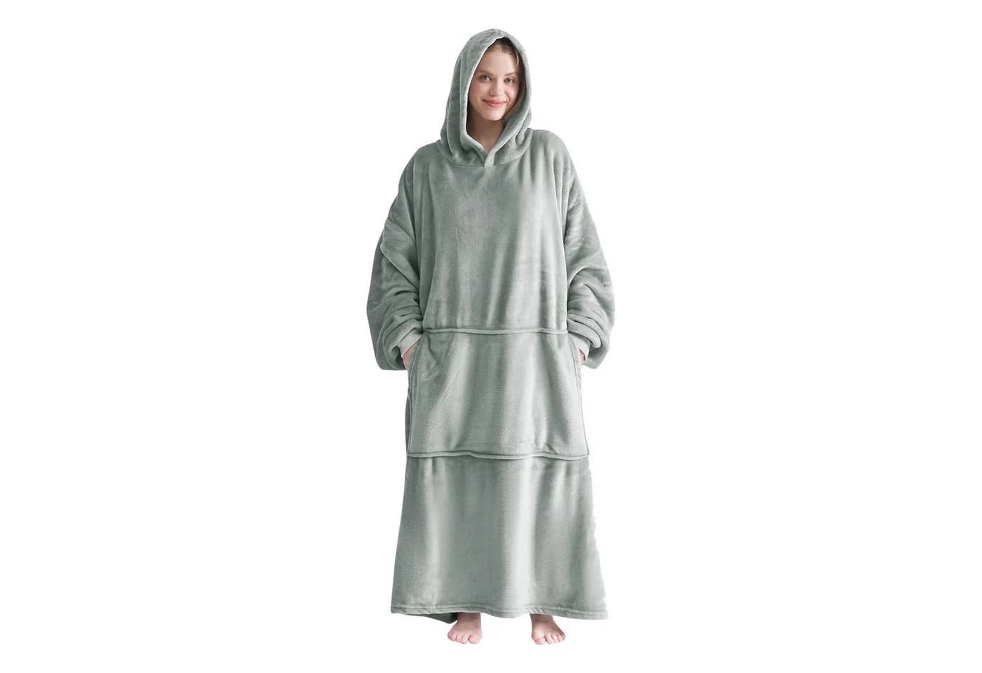 Good Nite Hoodie Decke Damen Flanell Kuscheldecke mit Ärmeln Hellgrau - Bild 2