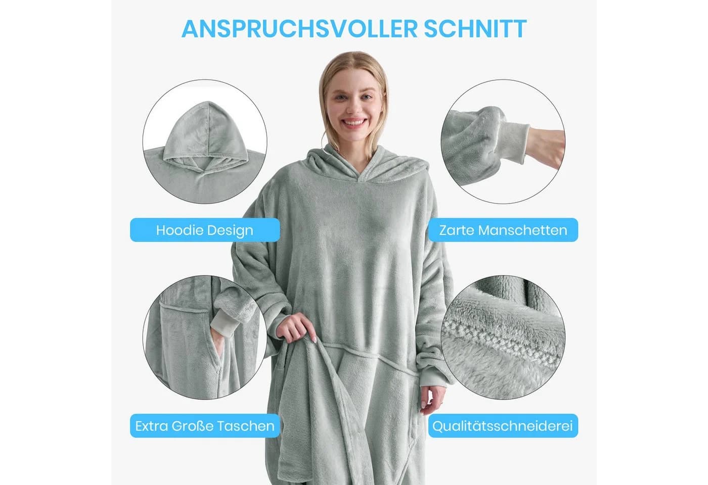 Good Nite Hoodie Decke Damen Flanell Kuscheldecke mit Ärmeln Hellgrau - Bild 3