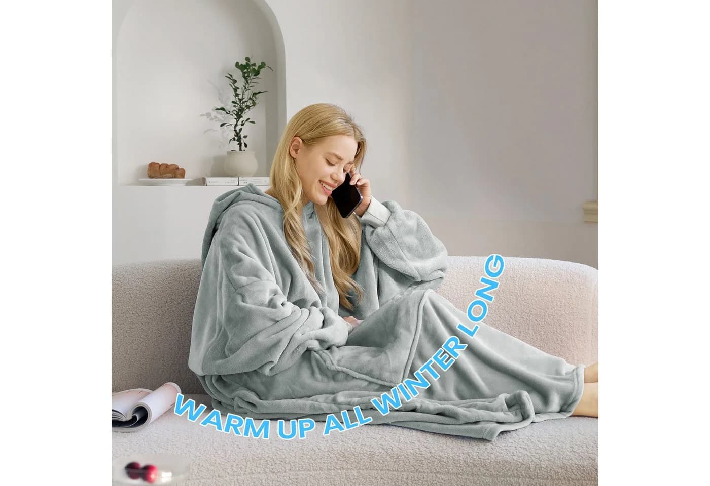 Good Nite Hoodie Decke Damen Flanell Kuscheldecke mit Ärmeln Hellgrau - Bild 5