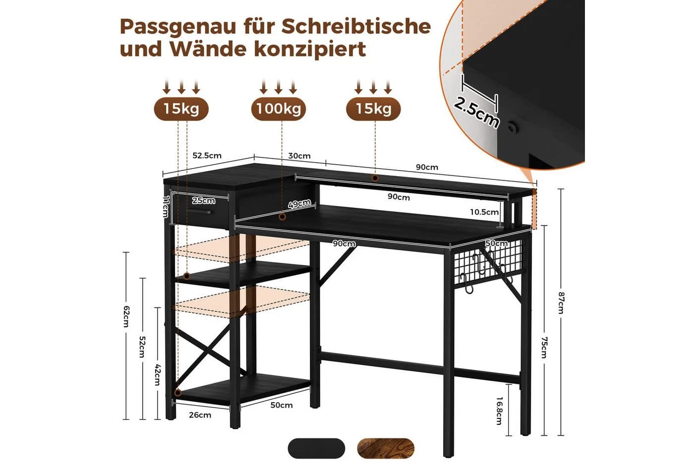 Oak&Tea Schreibtisch mit Monitorständer & Stauraum Braun/Schwarz