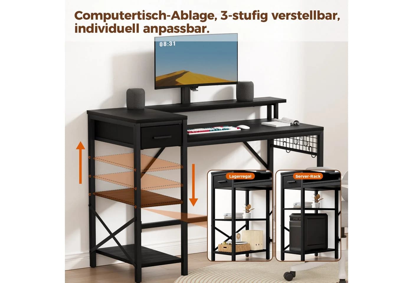 Oak&Tea Schreibtisch mit Monitorständer & Stauraum Braun/Schwarz - Bild 3