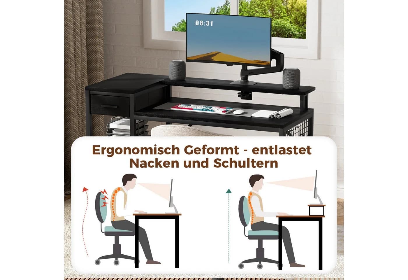 Oak&Tea Schreibtisch mit Monitorständer & Stauraum Braun/Schwarz - Bild 5