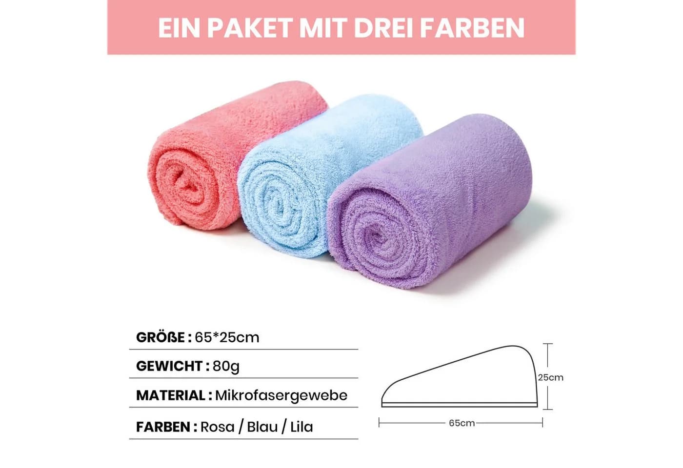 Good Nite Haarturban 3er-Set Blau/Lila/Rosa Mikrofaser
