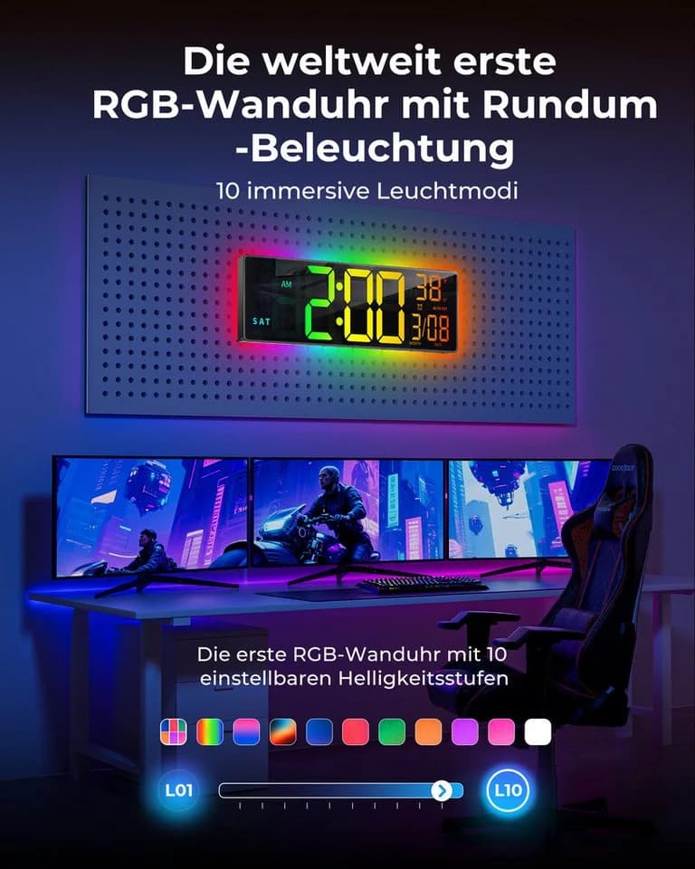 EASYERA Wanduhr 16,5 Zoll RGB Digitale Wanduhr Extra großes LED-Display mit Bluetooth - Bild 4