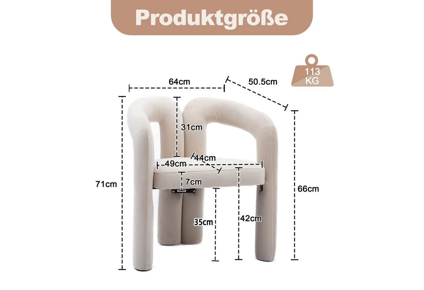 LVHOM Armlehnstuhl M-Form Beige Samt - Bild 3