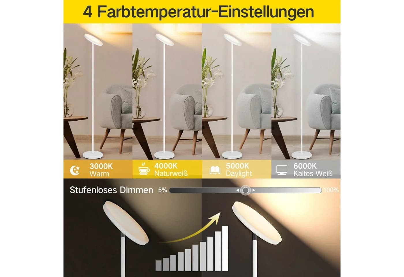OUTON Stehlampe Uplighter 30W 3000 Lumen Sprachsteuerung Weiß