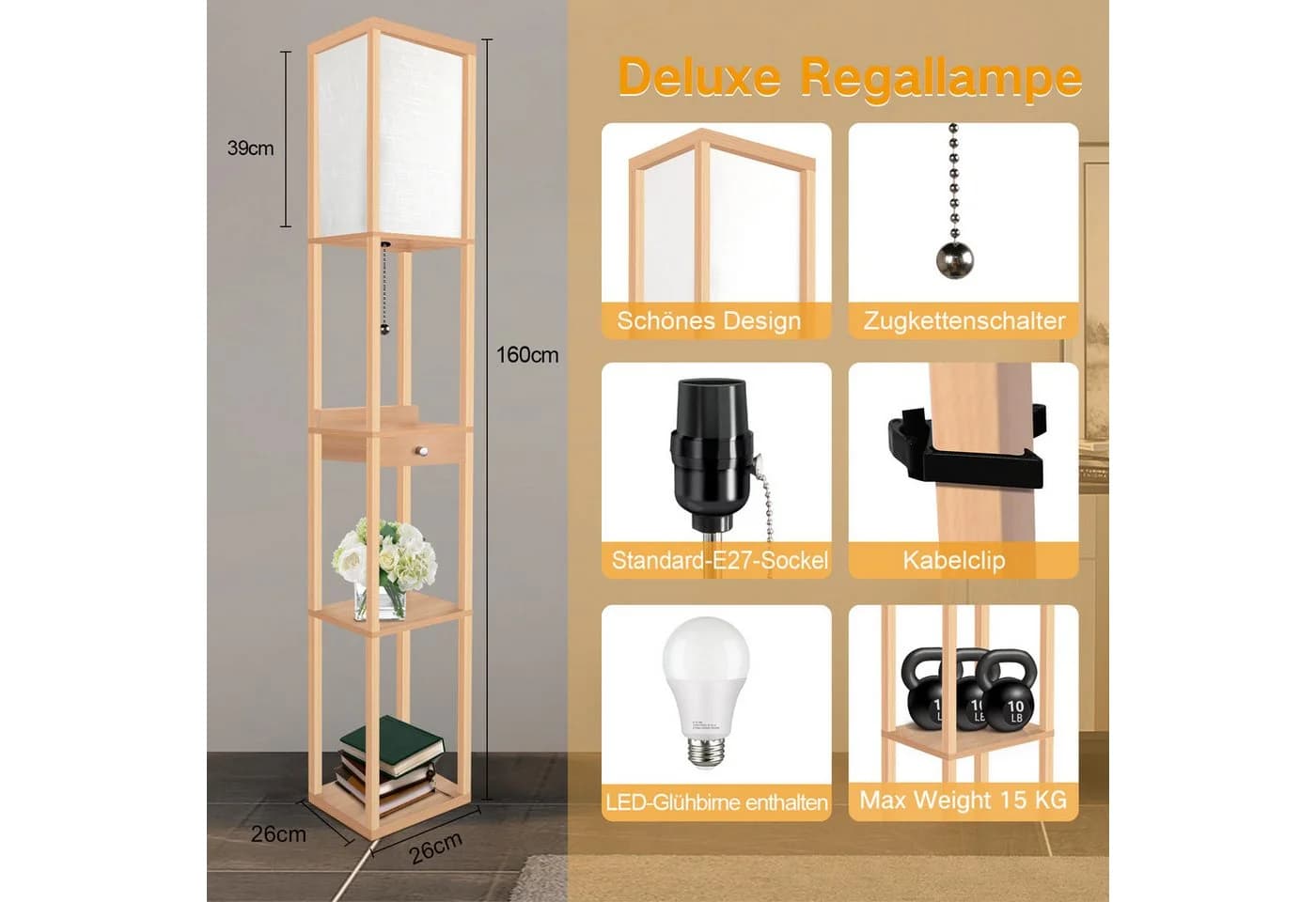 OUTON LED Stehlampe mit USB-C, Schublade & 3-fach dimmbarer LED - Bild 4