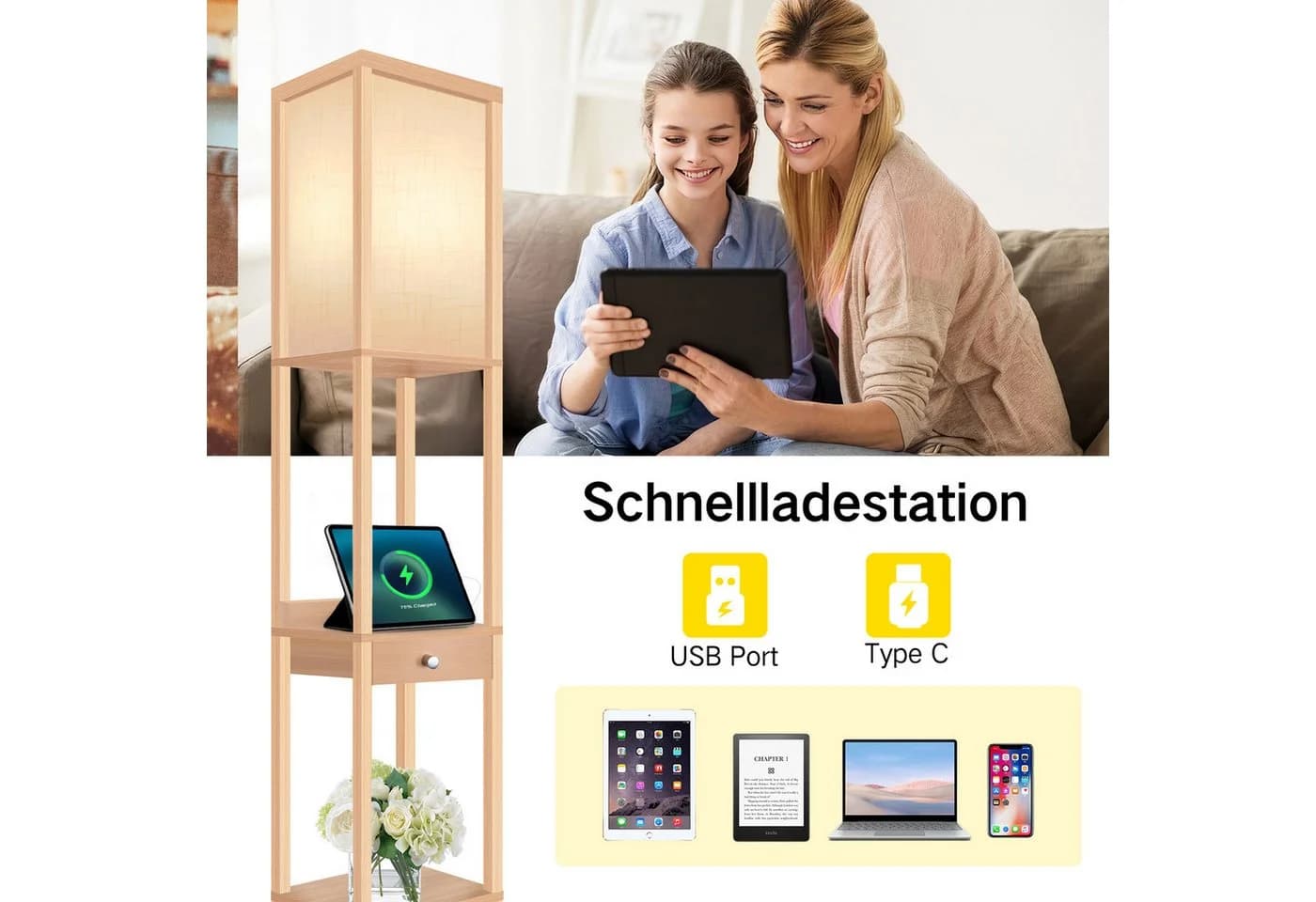 OUTON LED Stehlampe mit USB-C, Schublade & 3-fach dimmbarer LED - Bild 5