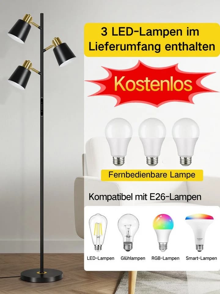 OUTON Stehlampe Dimmbar mit 3 Köpfen Schwarz Touch Fernbedienung