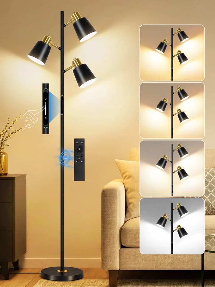 OUTON Stehlampe Dimmbar mit 3 Köpfen Schwarz Touch Fernbedienung - Bild 2