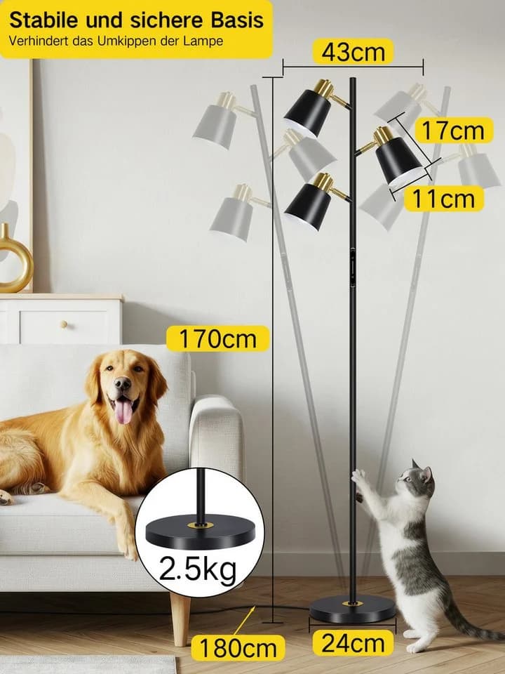 OUTON Stehlampe Dimmbar mit 3 Köpfen Schwarz Touch Fernbedienung - Bild 5