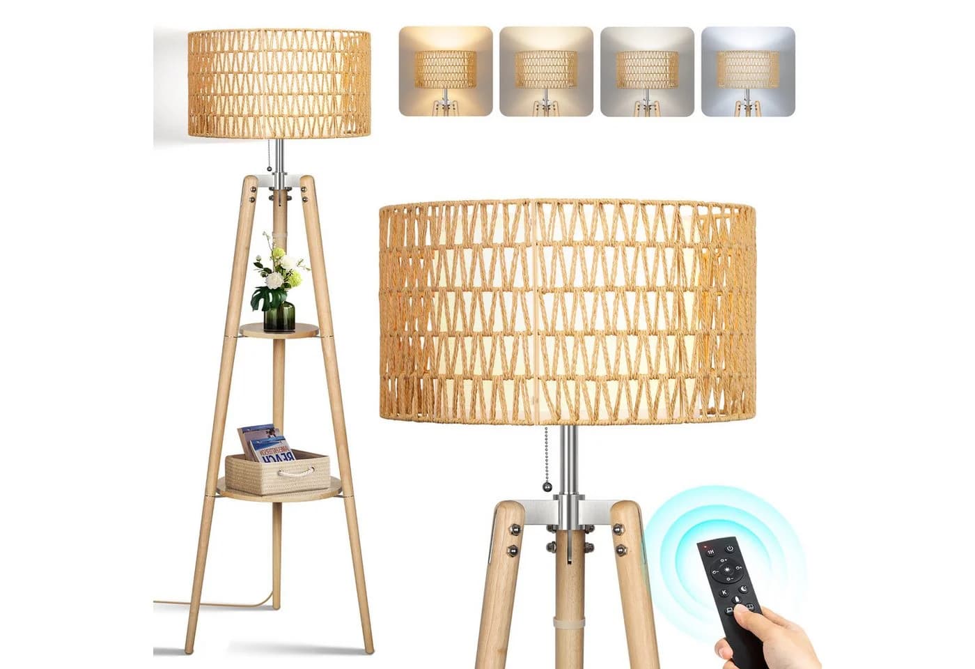 OUTON LED Stehlampe Dimmbar Rattan Akazienholz 2 Ablageflächen - Bild 2