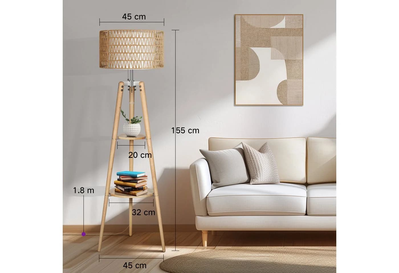 OUTON LED Stehlampe Dimmbar Rattan Akazienholz 2 Ablageflächen - Bild 3