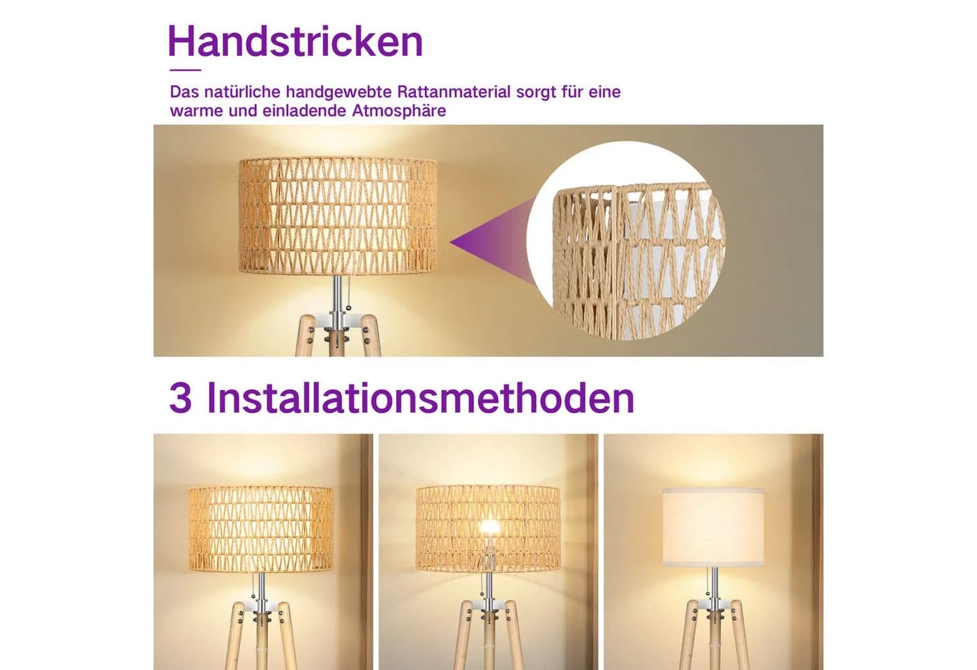 OUTON LED Stehlampe Dimmbar Rattan Akazienholz 2 Ablageflächen - Bild 5
