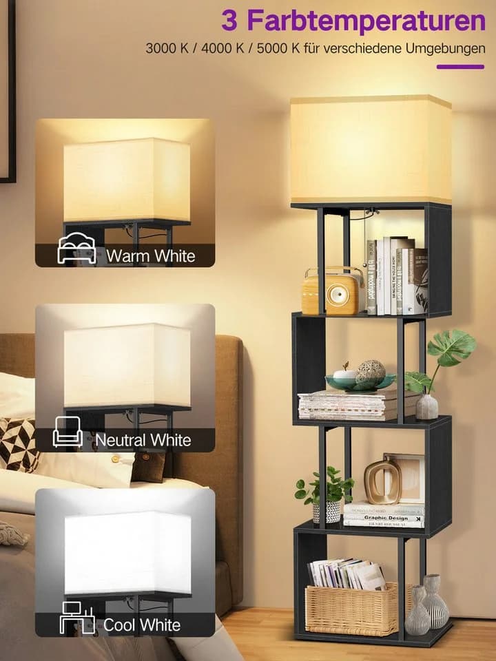 OUTON Stehlampe S-Regal 4 Ebenen mit LED Fernbedienung 3000K-6000K Schwarz/Gelb - Bild 5
