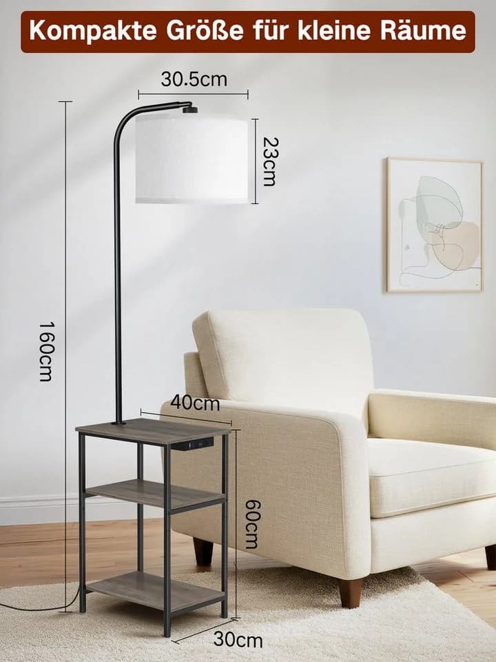 OUTON Stehlampe LED-Tisch Vintage Retro-Gelb mit USB & Stoffschubladen