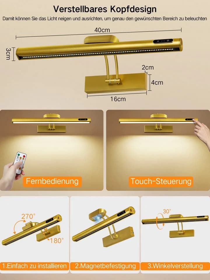 OUTON LED-Bilderleuchte 2er-Set Gold 270° verstellbar & Akku